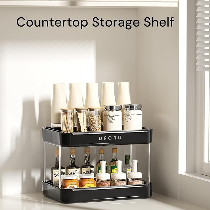 Countertop Coffee Station Organizer, 2 Tier Wine Glass Holder, Mug Display Shelf with Removable Drain Tray, Spice & condiment Rack for Kitchen, Bathroom Countertop Organizer, Black-NeatNest