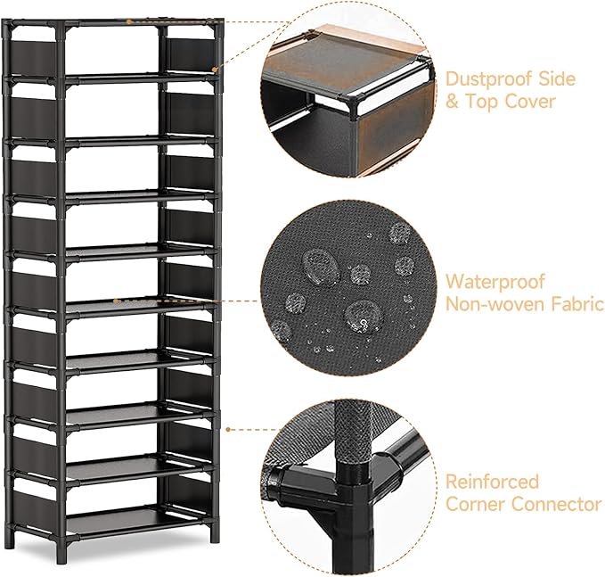 10 Tiers Vertical Shoe Rack Up to 20-25 Pairs, Sturdy Metal Narrow Shoe Shelf, Space-Saving Tall Shoe Rack for Closet,Bedroom Hallway Garage Living Room-NeatNest