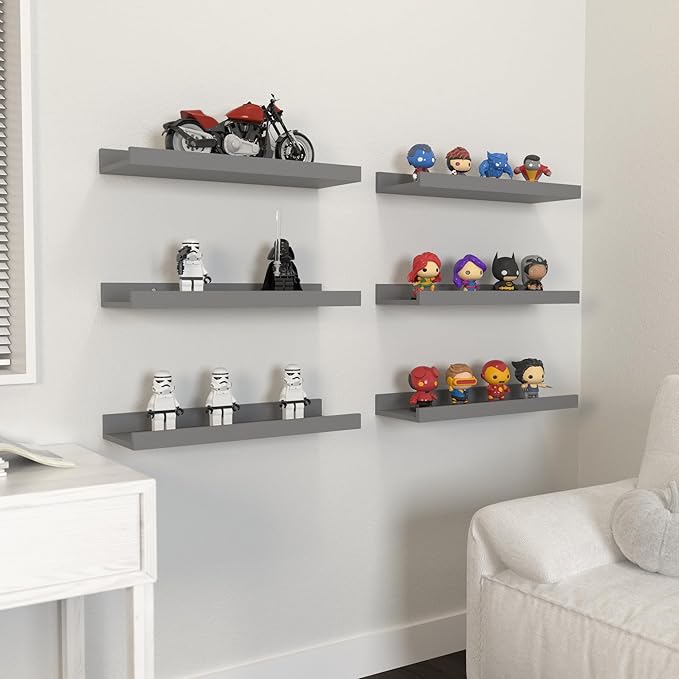 Floating Shelves Set of 6, Grey Wall Shelves with Lip, Display Shelves for Wall Decor, Modern Picture Ledge for Living Room, Bedroom, Nursery, Bathroom, Pictures, Books, Plants- Grey-NeatNest
