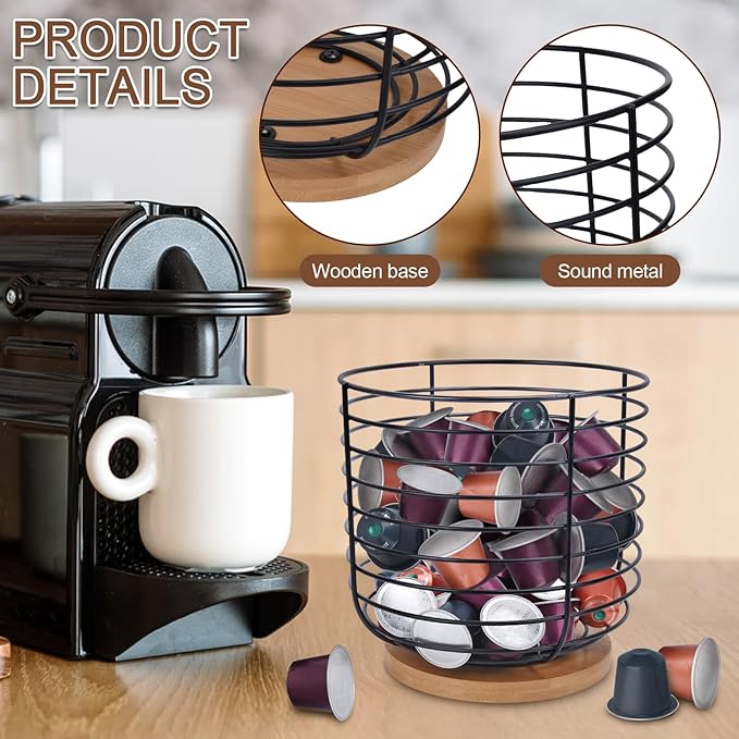 2pcs K Cup Holder Organizer - Coffee Pods Storage Organizer - Coffee Bar Accessories - Large Capacity Black Wire Kup Storage with Bamboo Base-NeatNest