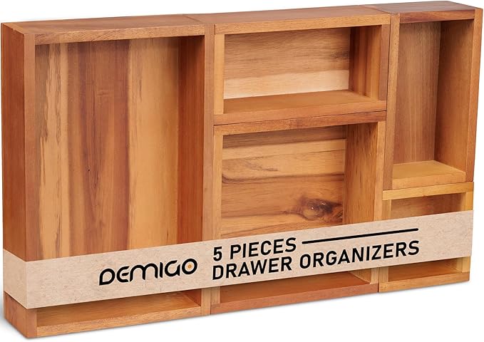 Demigo Acacia Drawer Organizer Set of 5, Cabinet Container Box, Wood Bin Set in Varied Sizes, Dividers Holder for Storage Cooking Utensils Spices Tea Bags Foods Office Items (Brown)-NeatNest