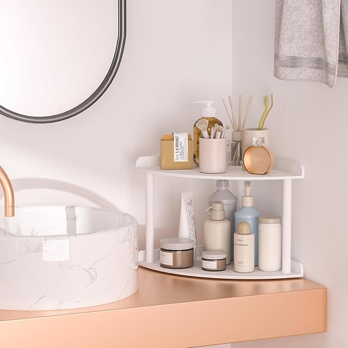 2 Tier Acrylic Corner Shelf Organizer Storage 9.5x9.5x8 Inch, White Countertop Corner Shelf for Bathroom, Kitchen, Bedroom, Office, Study Room-NeatNest