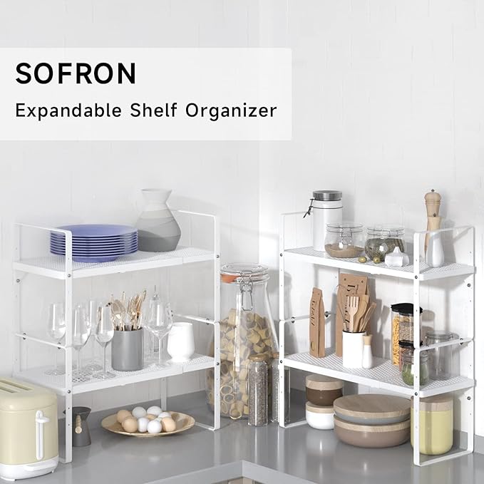 Expandable Cabinet Storage Shelf Stackable Organizer Rack for Kitchen Bathroom Pantry Spice Cupboard Coffee Countertop Home Office Desk Heavy Duty Nonslip White Small 1 Pack-NeatNest