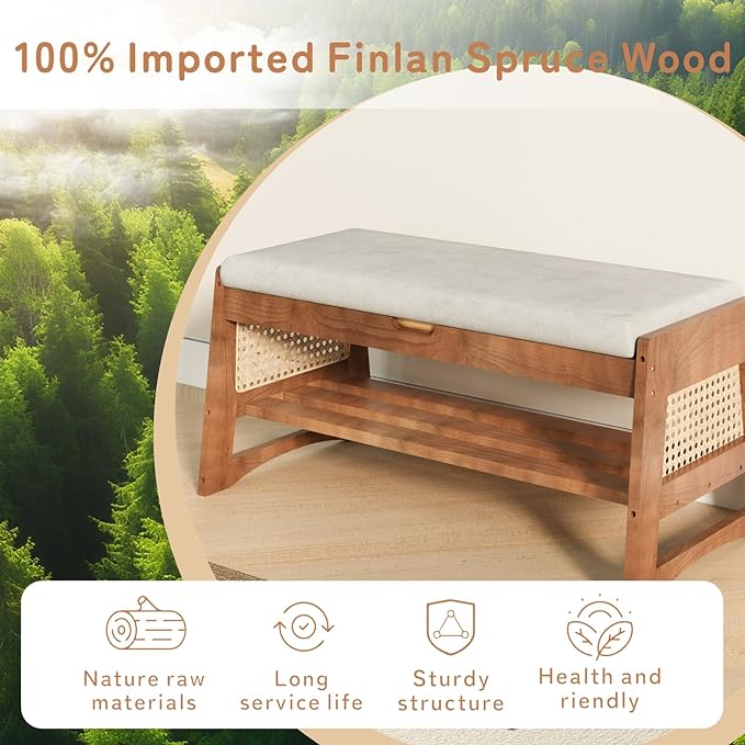 Shoe Rack Bench, 35.4" Solid Wood Entryway Bench with Flip-Top Storage, Cushion, Side Hooks, Shoe Organizer for Front Door Entrance, Hallway, Foyer, Closet, Living Room, Bedroom