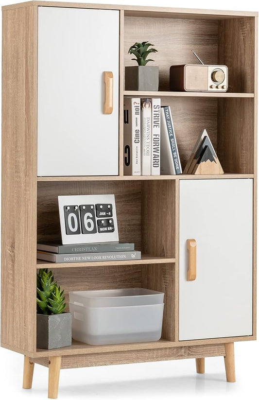 Giantex Storage Cabinet with Legs, Floor Cabinet with Doors, Shelves, Anti-Tipping Device, 4-Tier Bookshelf for Books & Photos, Tall Cupboard in Living Room, Kitchen Buffet Sideboard (White)