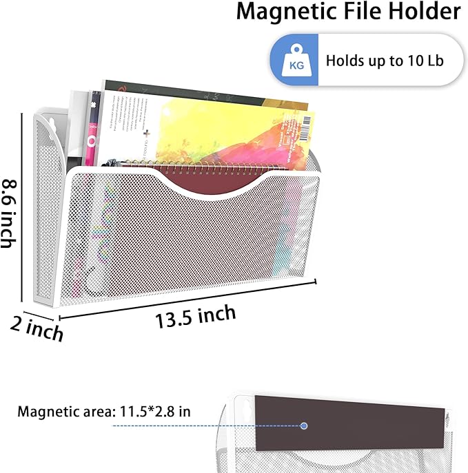 3 Pcs Magnetic File Holder for File Cabinets, Folder Holder Organizer- No Drilling Paper Document Holder, Large Capacity Office Hanging Magazine Rack for Refrigerator, Whiteboard, Office, Kitchen