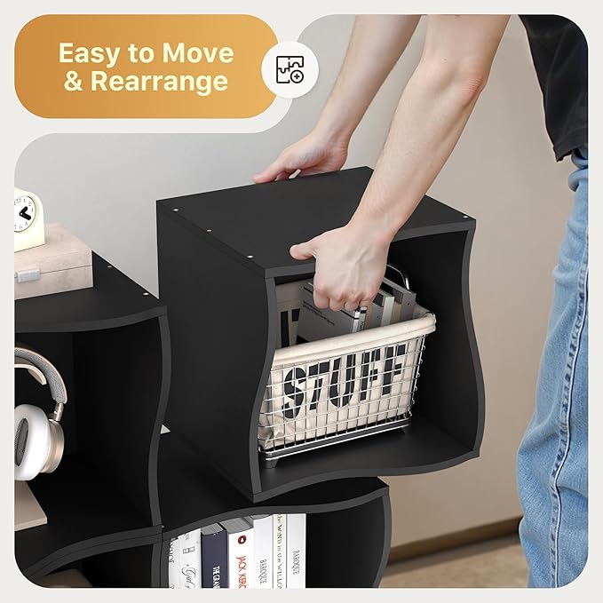 2 Cube Storage Organizer Shelf, Stackable Wooden Bookshelf, Modular Bookcase for Bedroom, Living Room, Office, Study (Black)-NeatNest