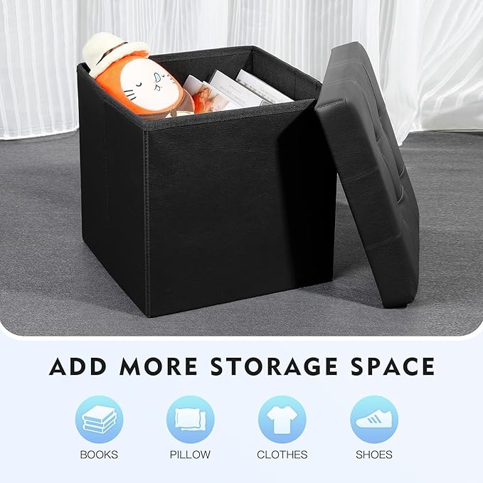 B FSOBEIIALEO Storage Ottoman Small Cube Foot Rest Seat Faux Leather Toy Chest Black 12.6"X12.6"X12.6" (2 Pack)