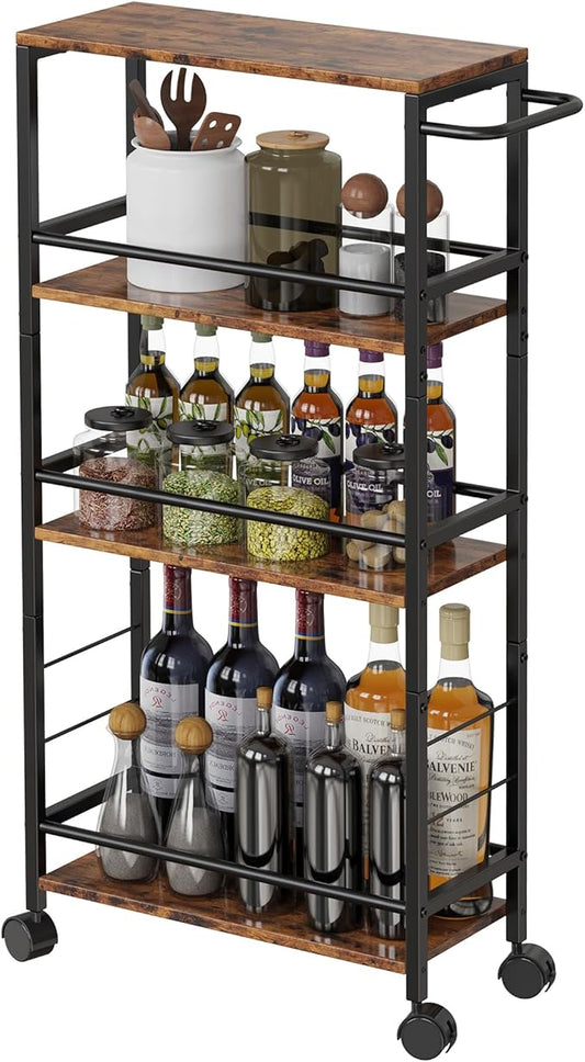 Slim Rolling Cart, 4-Tier Kitchen Storage Rolling Cart, Narrow Cart with Handle,Mobile Utility Cart for small Space, Shelving Unit for Kitchen,Dining Room,Living Room,Home Office,Laundry Room