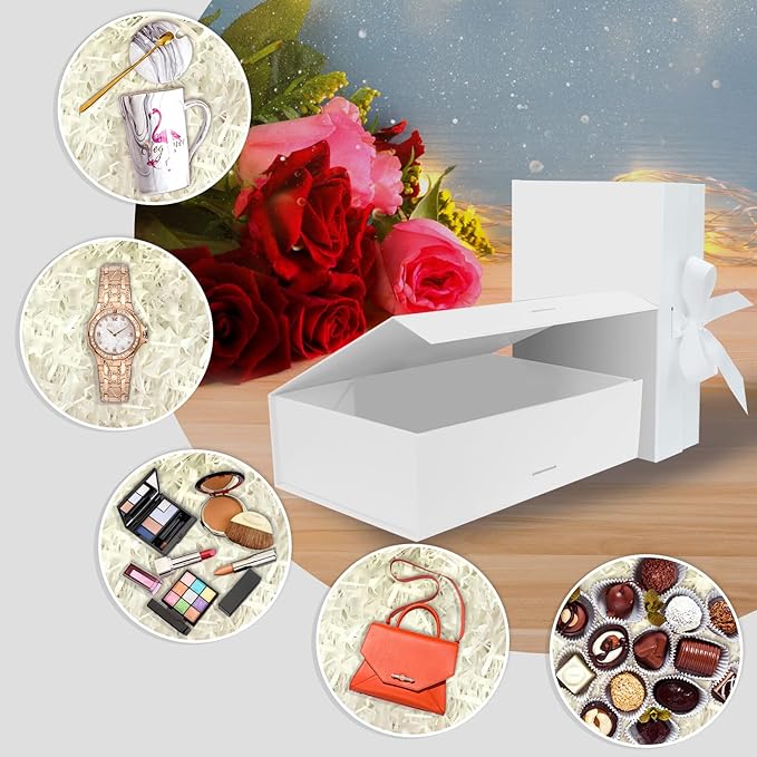 10.5"X7.5"X3.1" White Magnetic Gift Box with Lid and Ribbon for Presents-NeatNest