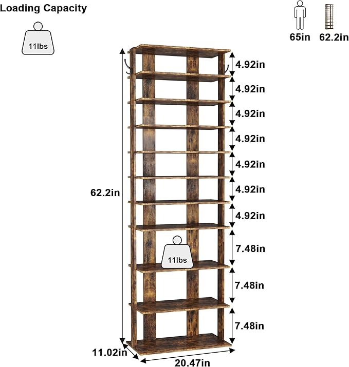 HOMEFORT 10-Tier Vertical Shoe Rack, Corner Shoe Tower, Double Rows 10 Tiers Shoe Shelf, Slim Shoe Storage Unit for 20 Pairs of Shoes, Shoe Stand for Entryway, Hallway, Closet (Rustic Brown)-NeatNest
