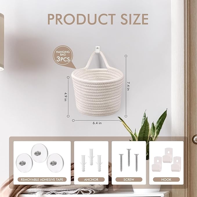 Fabric Wall Hanging Baskets - 3Pack Woven Pouchs Boho Style Wall Mounted Bag with Adhesive Hooks, Storage Organizers and Decoration Pocket Caddy Bins on Door Rack (White & White, Large)