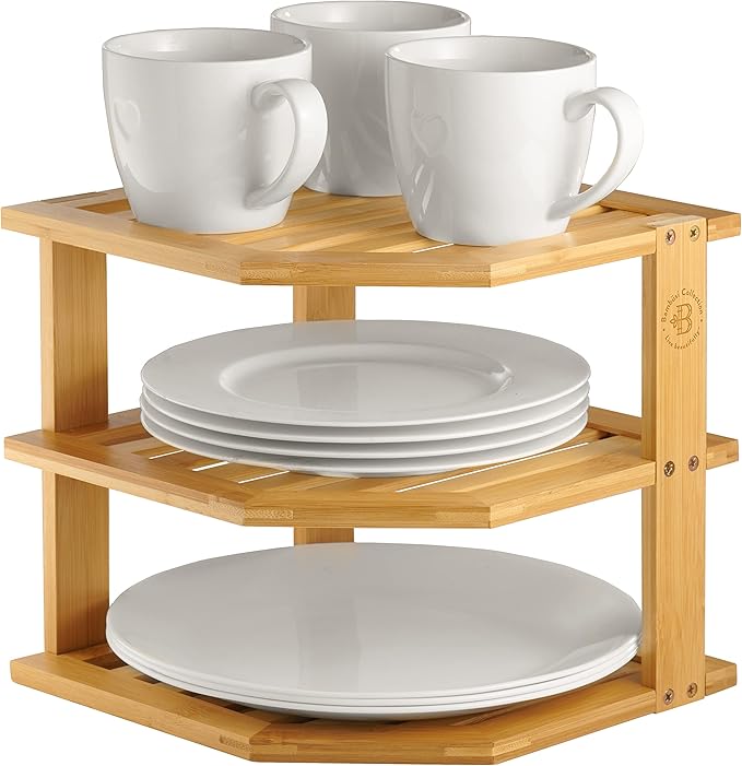 Cabinet Organizer Shelf - Bamboo Corner Rack for Kitchen Counter, Cabinet Space Saver for Plates, Dishes, Bowls, Bread - Pantry and Bathroom Storage or Countertop - Useful Home & Housewarming Gift-NeatNest