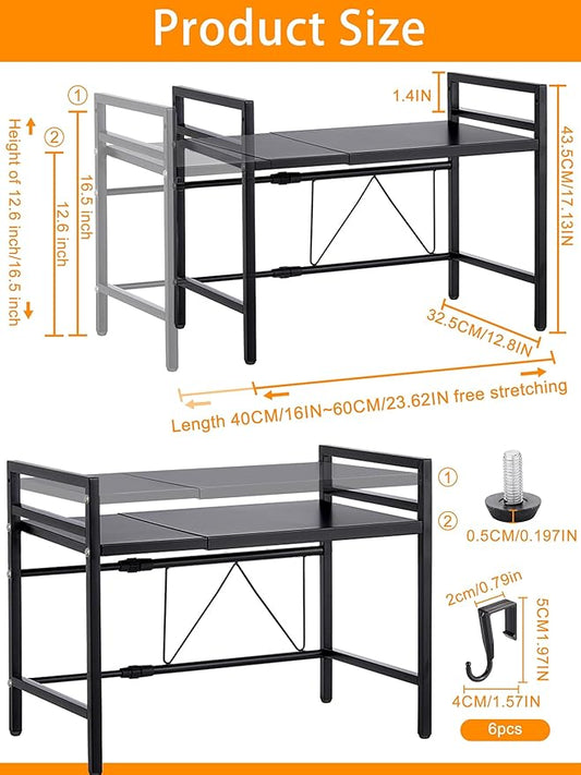 Caliee Expandable Microwave Stand, Adjustable Countertop Storage Rack for Microwave, Tableware, and Pantry Items, Space-Saving Design for Kitchen, Cabinet, and Countertop (Black)-NeatNest