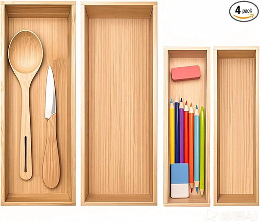 Bamboo Drawer Organizer, Utensil Organizer for Kitchen, Bamboo Storage Box Wood Silverware Tray for Drawer (Set of 4)-NeatNest