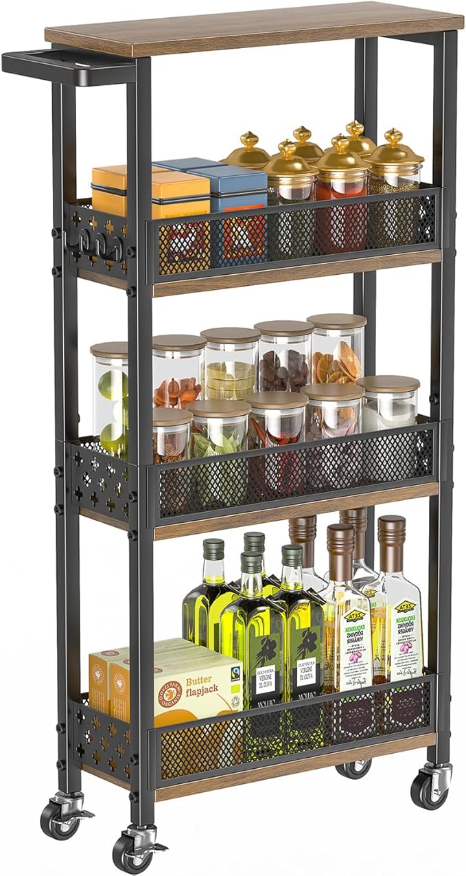 Giwil 4-Tier Slim Rolling Storage Cart for Kitchen Bathroom Organizer, Mobile Narrow Storage Cabinet Utility Cart with Wood Rack on Wheels for Pantry Laundry Small Space