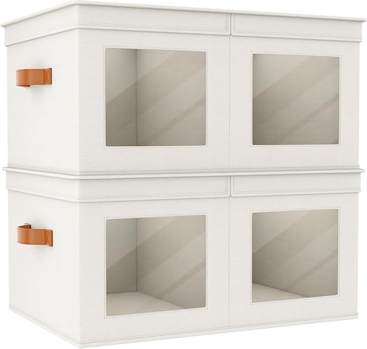 Univivi Large Storage Boxes with Lids, Collapsible Foldable Storage Bins for Clothes, [2-Pack] Fabric Storage Cubes with Handles, Closet Organizers for Home, Bedroom (Beige, 24” x 17” x 12")-NeatNest