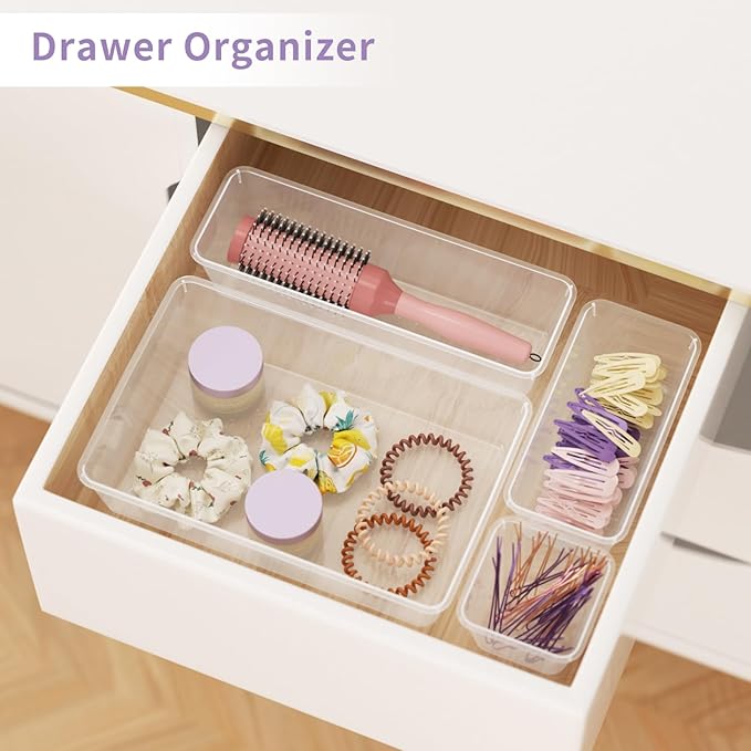 22 PCS Clear Drawer Organizer Set, 4-Size Vanity and Desk Drawer Organizer Trays with Non-Slip Silicone Pads, Plastic Storage Bins for Makeup, Jewelry, Bathroom, Office, Fridge, Kitchen-NeatNest