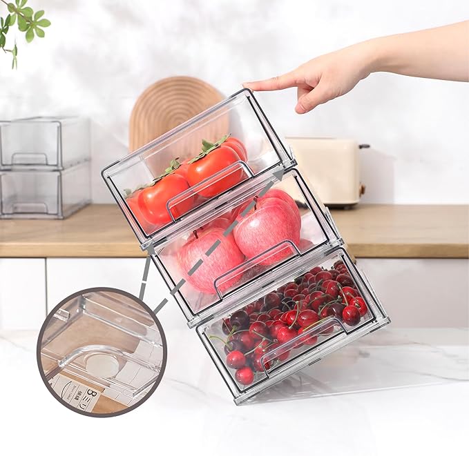 PeJeyiee 4 Pack Clear Stackable Refrigerator Organizers and Storage Drawers - Pull-Out Fridge Bins with Anti-Slip Base & Easy Clean, Plastic Organizers for Kitchen Pantry Cabinet Closet (Large)-NeatNest
