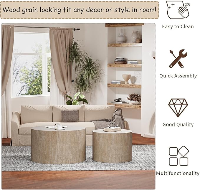 Modern Round Wooden Nesting Coffee Table Set of 2 Circle Tables with Non-Slip Feet, Accent Side End Table, Saving Space Design and No Need Assembly (B Large)
