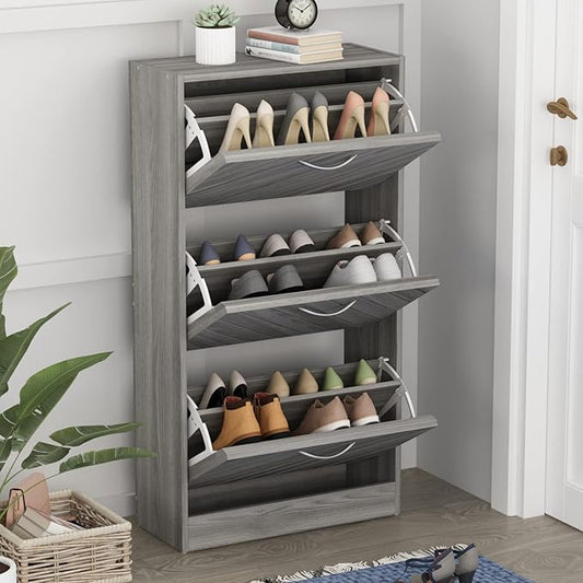 Homsee Modern Shoe Storage Cabinet with 3 Flip Drawers & Twill Louver Doors, Wood 3-Tier Shoe Rack Storage Organizer for Entryway, Hallway & Bedroom, Grey (22.4”L x 9.4”W x 42.3”H)-NeatNest