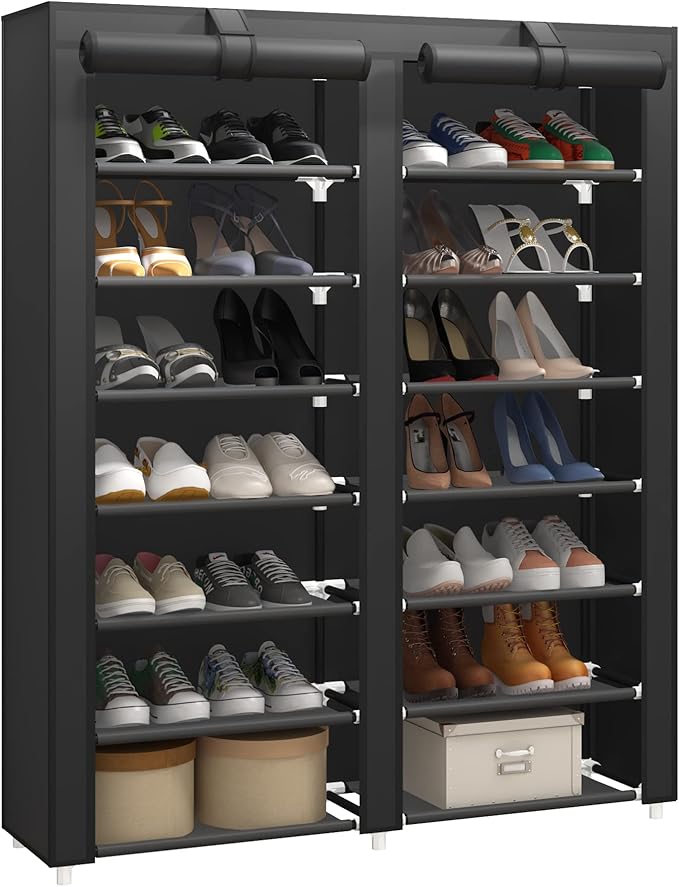 JIUYOTREE 7-Tier Shoe Storage Organizer with Dustproof Cover - Closet Cabinet Shelf Holds up to 28 Pairs - for Doorway, Corridor, Balcony, Living Room - Black-NeatNest