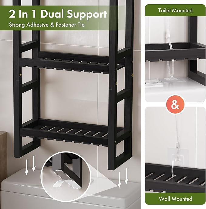 AmazerBath Bamboo Over The Toilet Storage Shelf - 3-Tier Bathroom Organizers and Storage Shelves, 2 in 1 Dual Stable Above Over Toilet Bamboo Shelf Home Storages Rack for Small Bathroom, Black-NeatNest