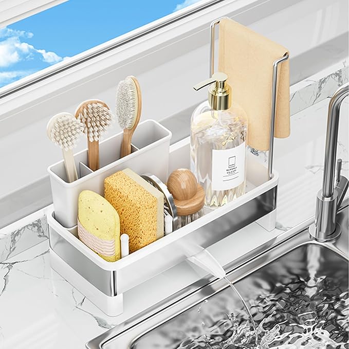 Sponge Holder for Kitchen Sink,Sink Caddy Organizer with Removable Brush Holder,Kitchen Countertop Soap Dispenser Storage with Detachable Towel Rack,White-NeatNest