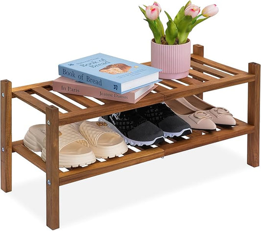 Natural Acacia Wood 2-Tier Folding Shoe Rack – Space-Saving Wooden Shoe Organizer Shelf for Entryway, Hallway, Mudroom, or Closet – Compact Indoor Storage for Footwear & More-NeatNest