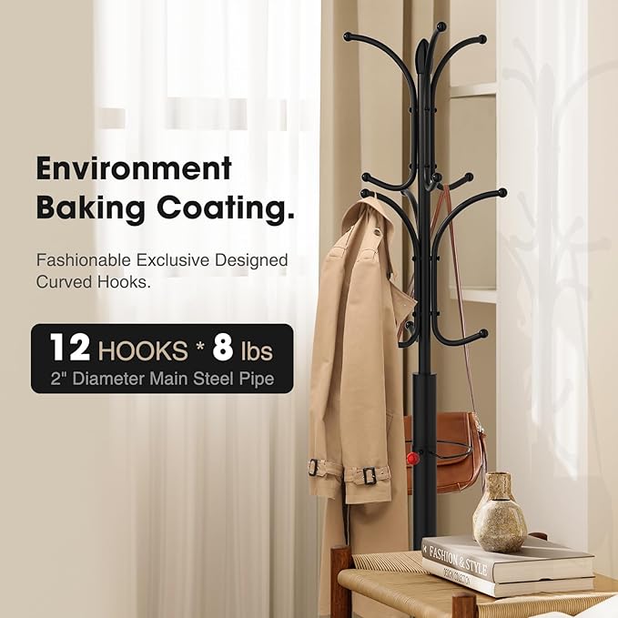Coat Rack Freestanding,12 Hooks Coat Racks with Natural Marble Base & Umbrella Holder,Easy Assembly Coat Rack Stand for Hanging Scarf,Purse,Hats,Jacket(Black)-NeatNest