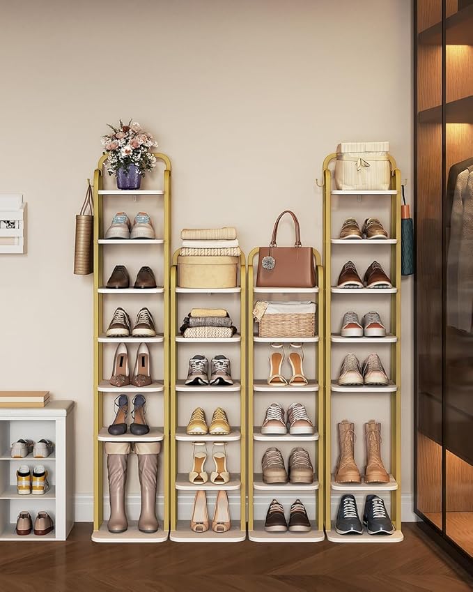 6 Tiers Vertical Shoe Rack, Narrow Shoe Tower, Tall Shoes Shelf with 2 Hooks, Adjustable Shelves, Corner Shoes Shelves for Small Spaces, Entryway, Living Room, White Gold SR04213A-NeatNest