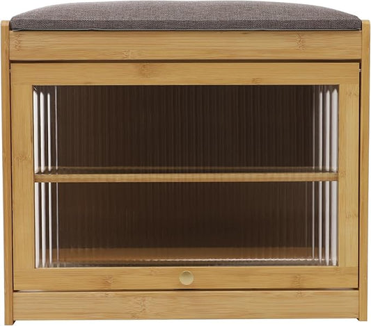 Eapmic Shoe Storage Bench, Entryway Shoe Rack Bench with Padded Seat Cushion, 2-Tier Shoe Cabinet, Bamboo Shoe Organizer for Hallway Bedroom Living Room Front Door (Burlywood, 19.69 * 12.6 * 17.32in)