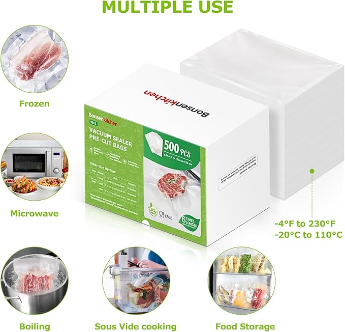 Bonsenkitchen Precut Vacuum Sealer Bags, 500 Pint 6" x 9" Food Sealer Bags,Commercial Grade, BPA Free, Heavy Duty, Customized Size Vacuum Bags for Vac Storage, Meal Prep or Sous Vide Cooking, VB11-NeatNest