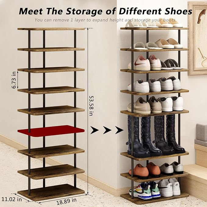 AZERPIAN Shoe Rack 9 Tier Vertical Storage Organizer Double Row Narrow Metal Slim Shelf Modern Free Standing Shoe Tower Saving Space for Closet Entryway Bedroom,Black+Rustic Brown-NeatNest