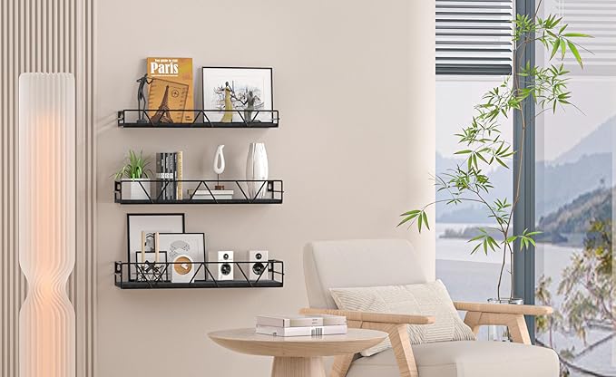 Floating Shelves Set of 3, Home Wood Wall Shelf, Farmhouse Shelf for Bedroom, Wall Mounted Floating Shelf for Living Room, Bedroom, Bathroom, Kitchen, Office (Black 2)-NeatNest