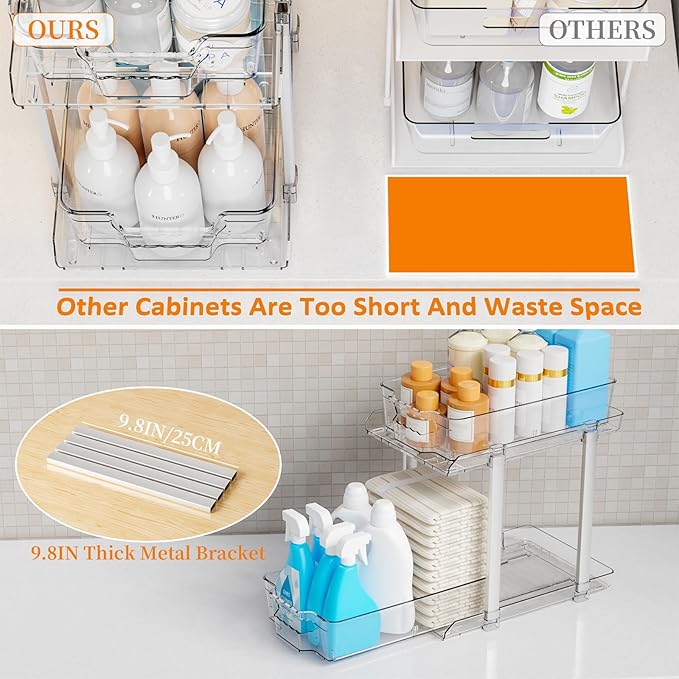 Yieach 2 Pack 2 Tier Bathroom Under Sink Organizer With Track,12.8 Inch Tall Under Cabinet Organizer,Clear Undersink Pull Out organizer for Kitchen,Vanity,Counter,Vanity,Medicine,Makeup,Hair Products-NeatNest
