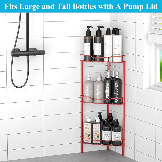 3 Tier Floor Standing Corner Shower Caddy Organizer Shelf with Hooks, Bathroom Shelves Stand Rack, Red