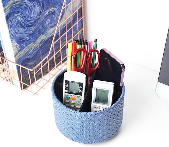 Hennaja Round Leather Art Supply Organizer,Remote Control Holder,360 Degree Spinning,Multi-Functional Pencil Holder,4 Compartments Desktop Stationary Organizer(1-Weave Blue)-NeatNest