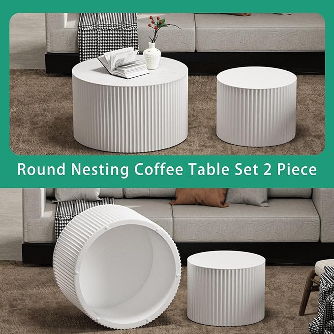 Round Nesting Coffee Table Set 2 Piece, Drum Modern DrumStackable Side Table for Living Room/Bedroom Small, Space-Saving Accent Furniture with Scratch-Resistant Design (B White 27.56 in)
