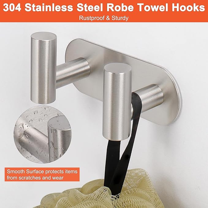 HarJue Bath Towel Hooks, 304 Stainless Steel Robe Towel Hanger Heavy-Duty Rustproof Coat Hook for Bathroom and Kitchen-Wall Mounted, Double Holder Hook (Brushed Nickel,1 Pack-Round)