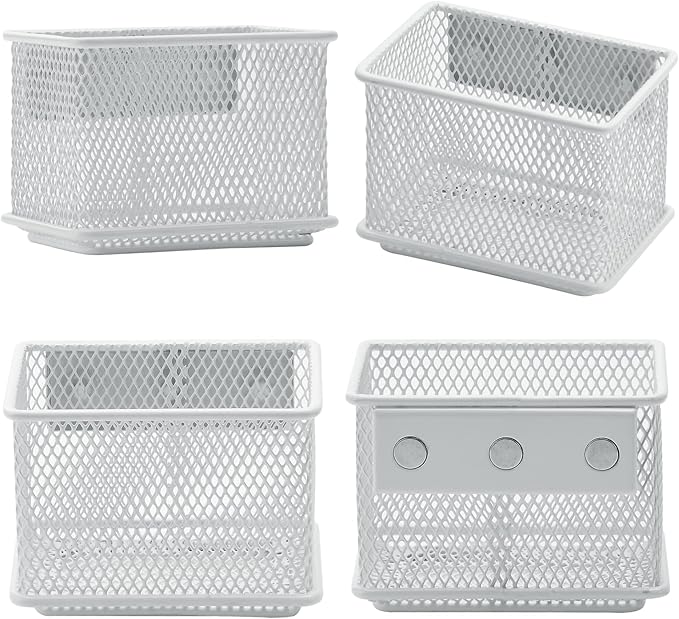 dedoot 2 Pack Pen Holder, 3.45x2.3x2.6inch Magnetic Basket Locker Organizer Metal Mesh Pencil Memo Holder for Whiteboard, Fridge, Desk, Offices,White-NeatNest