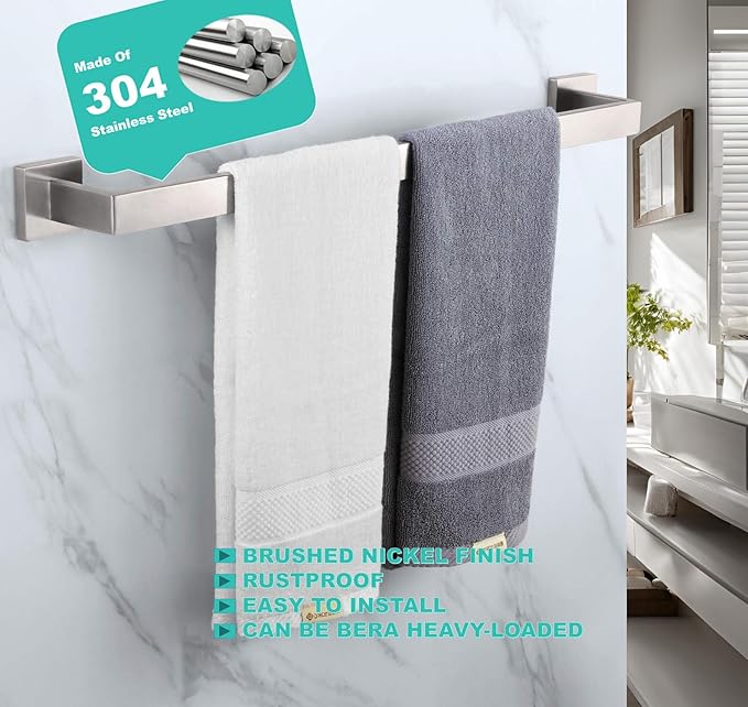 24 Inch Towel Bar for Bathroom 12/16/24/28/32/36 Inch Kitchen Towel Holder Brushed Nickel Towel Rod Wall Mounted SUS304 Rustproof Towel Rack Modern Square Design (1, Brushed Nickel, 24 Inch)