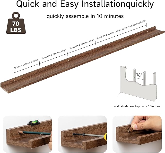 Floating Picture Ledge Shelves for Wall Set of 2, 95 Inches Picture Ledge Shelf with Long Large Nursery Book Shelf for Toys Storage Kids Bookshelf Wall Mounted Living Room Bedroom Decor Frames, Walnut-NeatNest