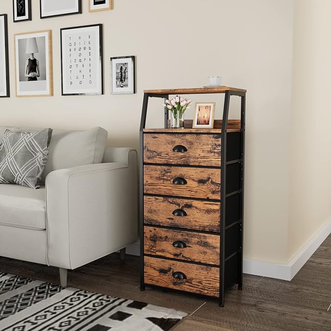 Furnulem Tall 5 Drawers Dresser, Vertical Storage Tower Fabric Dresser for Bedroom, Hallway, Entryway, Nursery, Closet Organizer, Nightstand Bedside Table Furniture, Sturdy Steel Frame, Wood Top-NeatNest