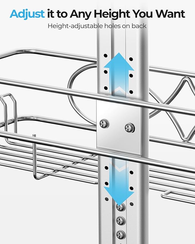 ODesign 2 Tier Stainless Steel Anodized Aluminum,Height-Adjustable Rustproof Shower Caddy Hanging Anti-Swing-Over The Shower Head Caddy-Bathroom Showe r Storage Organizer With Soap Box Holder- Sliver