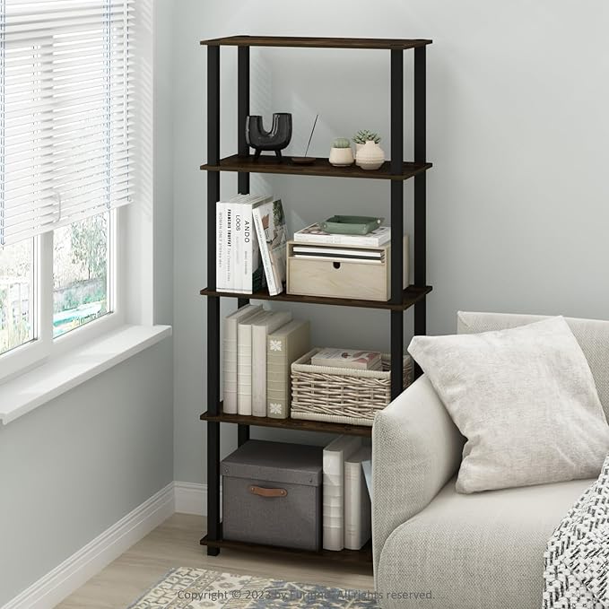 Furinno Turn-S-Tube 3-Tier Compact Multipurpose Shelf Display Rack with Square Tube, Amber Pine/Black, Set of 2-NeatNest