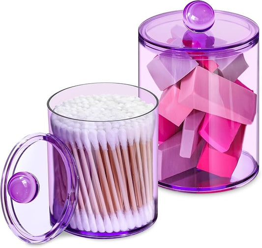 2 Pack Qtip Holder, Apothecary Jars Holder Dispenser, Bathroom Jars with Lids Set for for Cotton Swabs, Balls, Pads, Floss Picks,10oz-12oz Plastic Canisters(Purple)