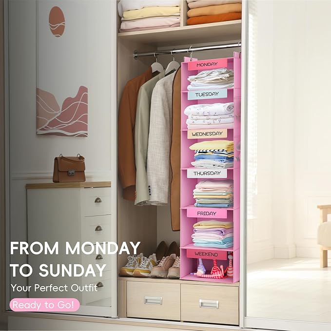 VERONLY Weekly Hanging Closet Organizer for Kids, 6-Shelf Clothes Storage with Labeled Days of The Week Monday Through Friday, Weekday and Weekend, Days of The Week Clothes Organizer-NeatNest