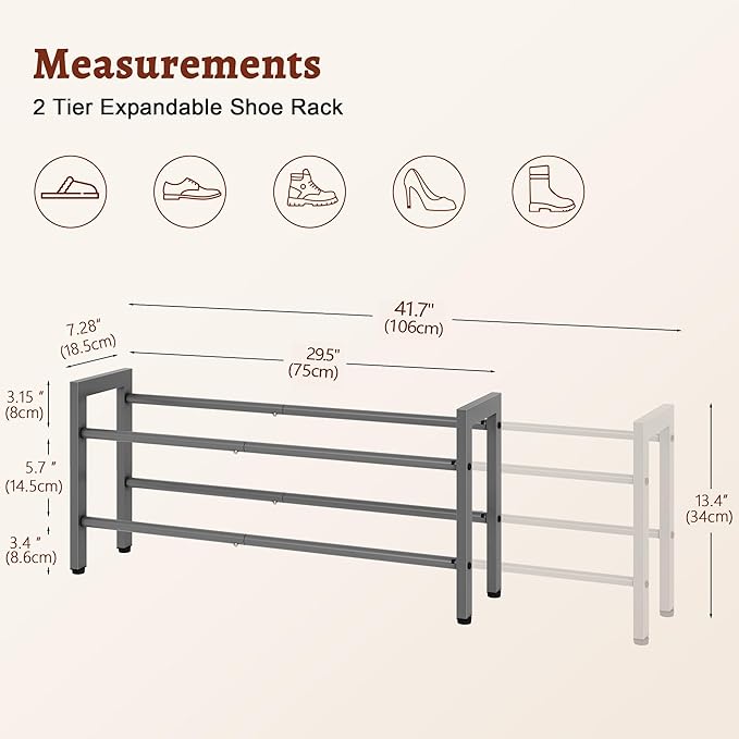 FAVOOSTY 2-Tier Expandable Shoe Rack, Adjustable Shoe Shelf Storage Organizer Space Saving Metal Free Standing Shoe Rack for Entryway Closet Doorway, Silver Grey-NeatNest