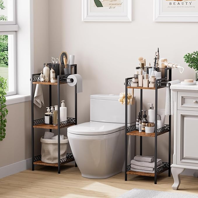 3-Tier Bathroom Shelf Organizer with Hair Dryer Holder and Toilet Paper Hook, 9.85" Slim Metal Stand for Small Spaces, Holds 50lbs - Freestanding Storage for Towels, Toiletries-NeatNest